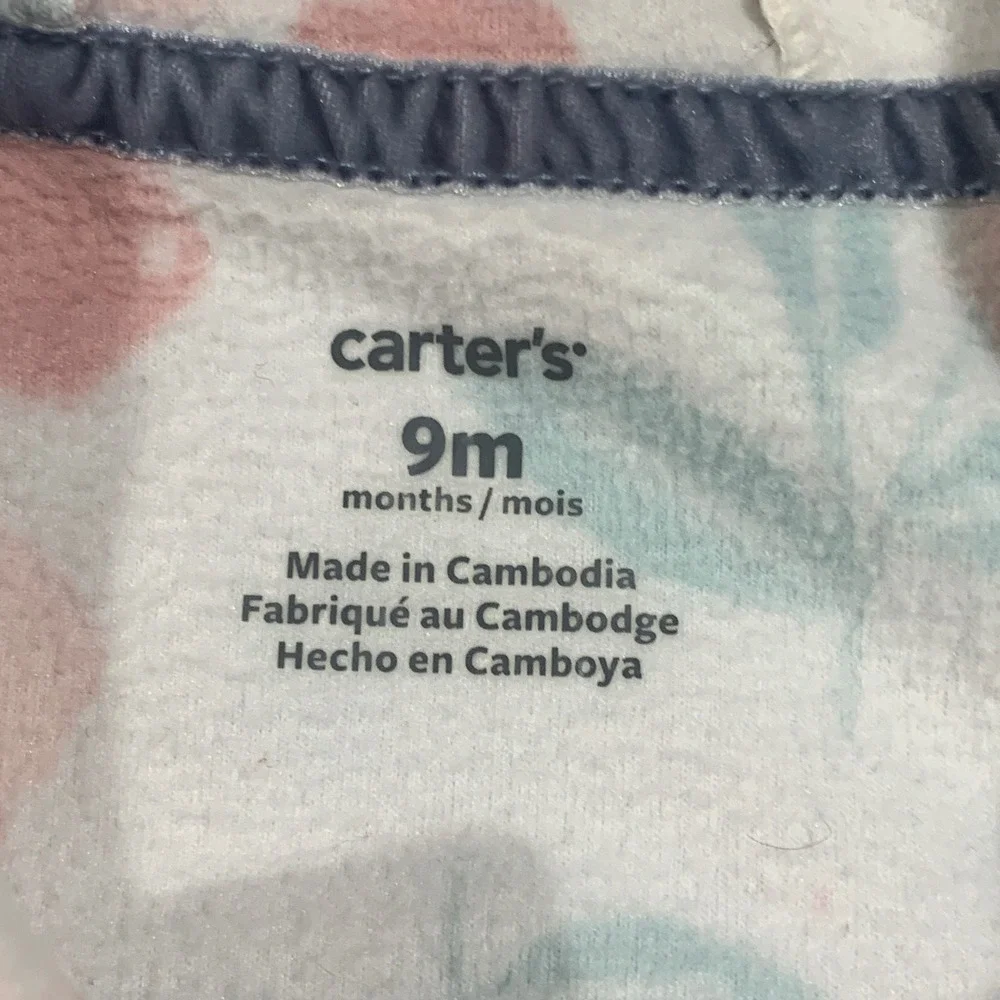 Carters Baby Girl 9M Floral Fleece‎ Hooded Jumpsuit White Pink Blue Zip Romper